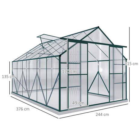 Outsunny 8 x 12ft Aluminium Greenhouse Polycarbonate Walk-in Garden Greenhouse Kit with Adjustable Roof Vent, Double Sliding Door, Rain Gutter and Foundation, Clear