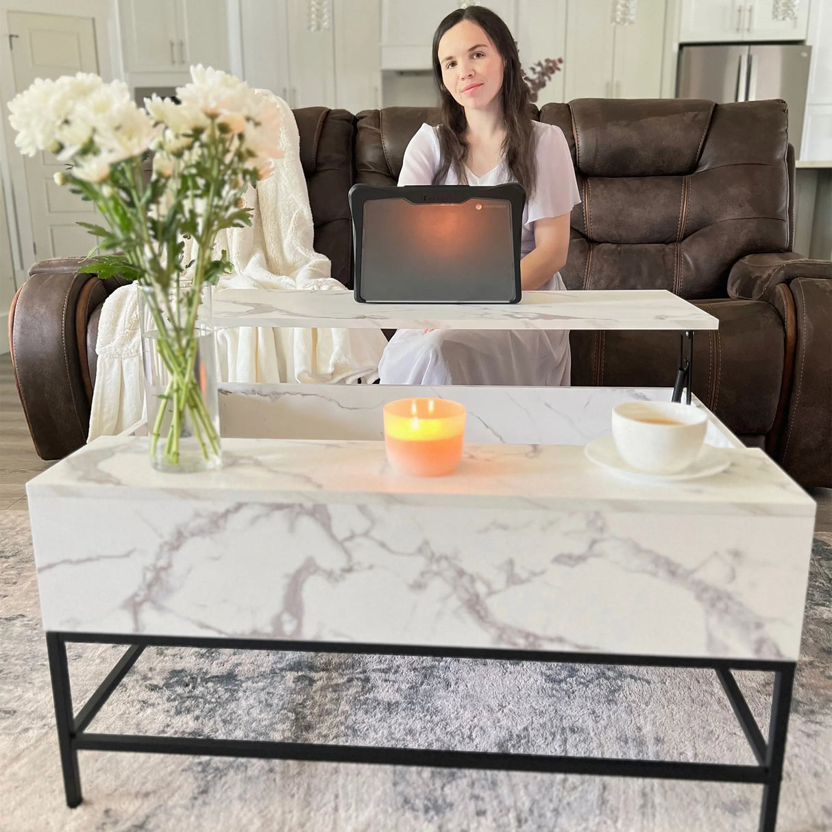 HOMCOM Modern Lifting Coffee Table with Hidden Compartment, Storage Coffee Table for Living Room, Faux Marble White