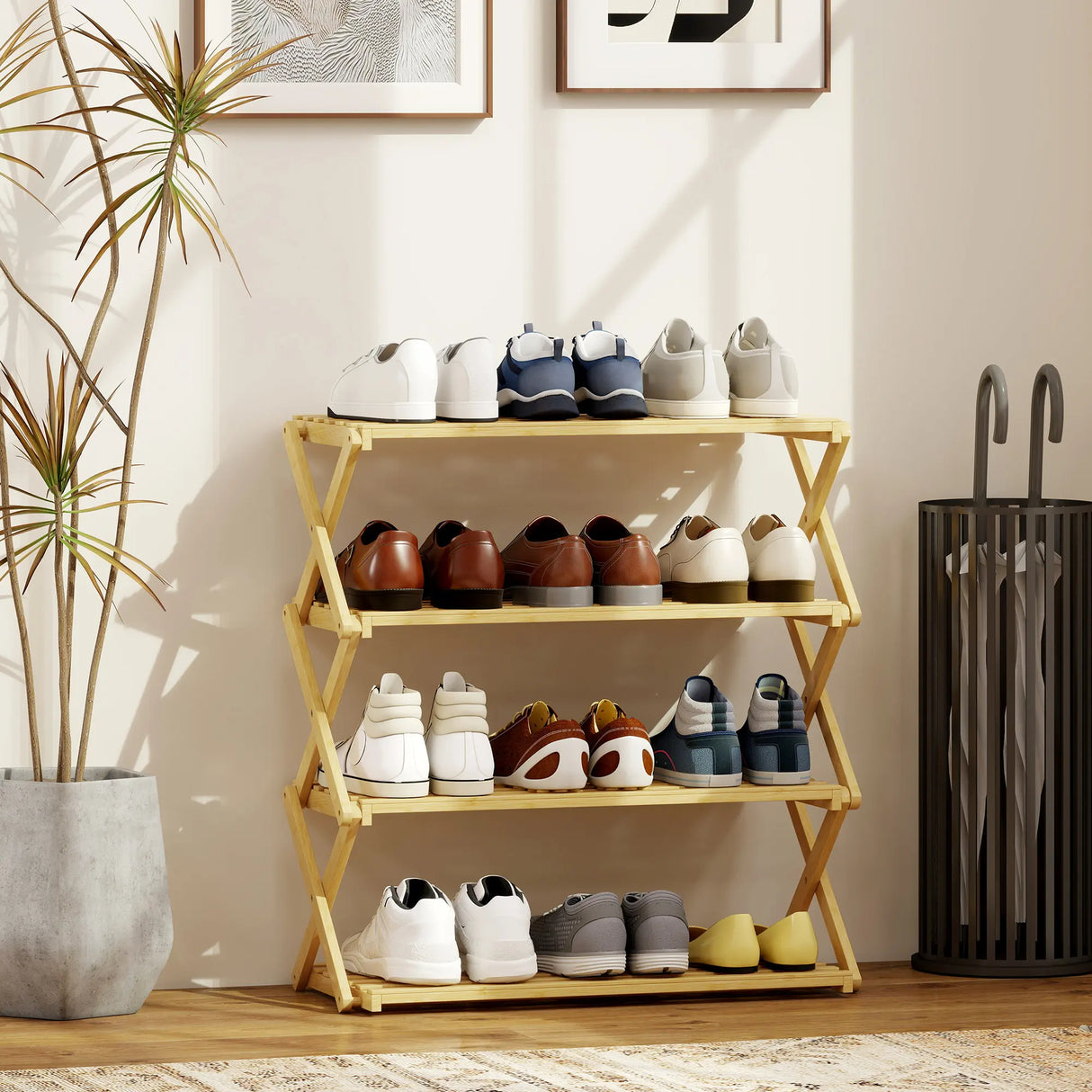 HOMCOM 4-Tier Bamboo Shoe Rack, No Assembly - Natural