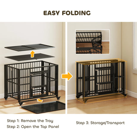 PawHut 43" Heavy Duty Dog Crate, Foldable Dog Cage, with Openable Top, Locks, Removable Tray, Wheels - Black