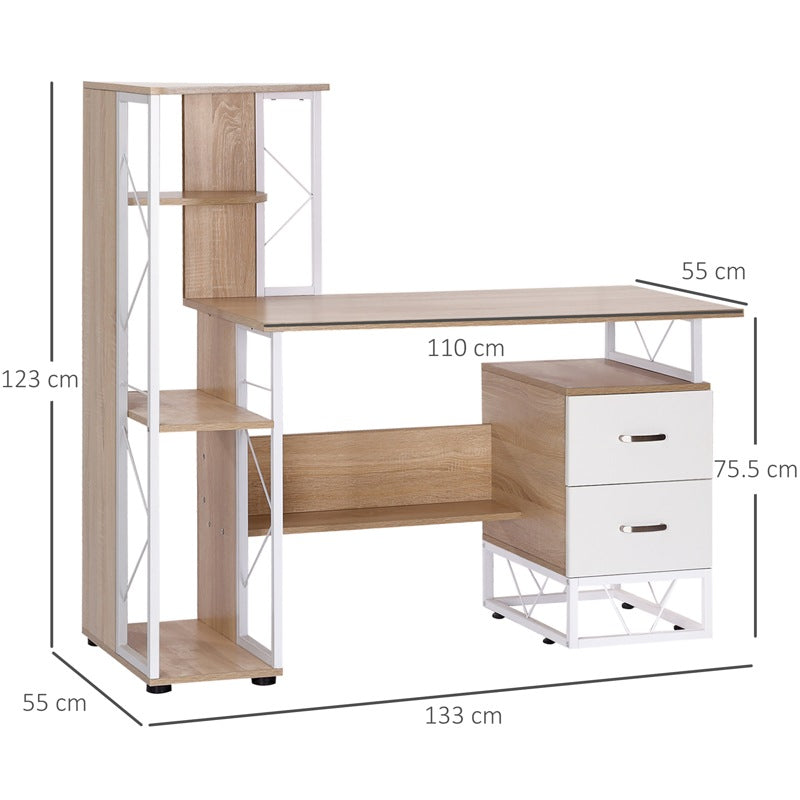 HOMCOM Computer Desk with Drawers and Bookshelf, Writing Desk for Home Office with Storage Shelves, Study Workstation, Oak