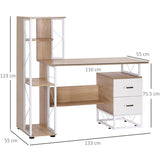 HOMCOM Computer Desk with Drawers and Bookshelf, Writing Desk for Home Office with Storage Shelves, Study Workstation, Oak