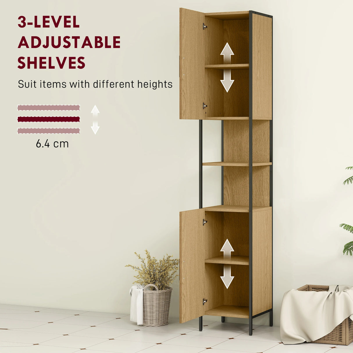 HOMCOM Tall Bathroom Cabinet with 2 Doors, Open Compartments and Adjustable Shelves - Natural Wood Finish