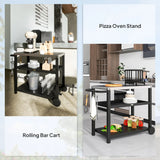 Outsunny Outdoor Grill Dining Cart 3-Shelf Movable Pizza Oven Table Stand with Stainless Steel Top, Portable BBQ Trolley Food Prep Outdoor Kitchen Barbecue Station with Hooks Wheels, Charcoal Grey