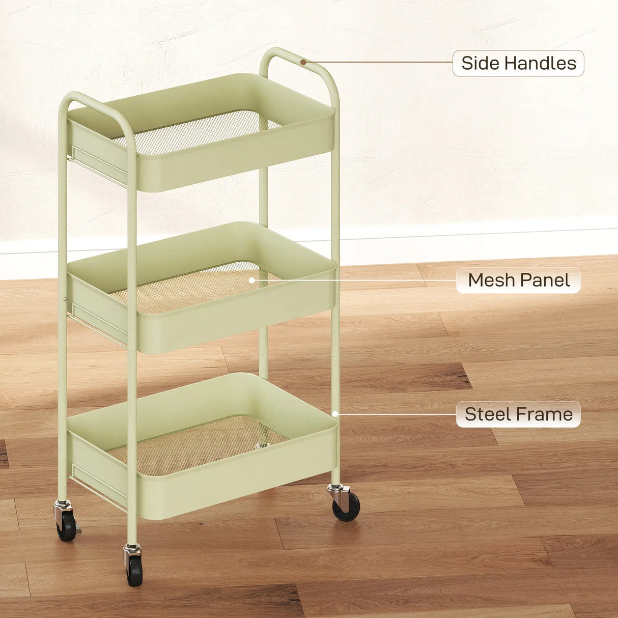 HOMCOM Three-Tier Steel Storage Trolley - Green