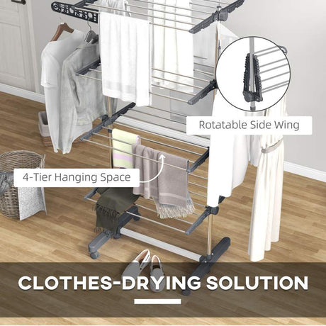 HOMCOM Four-Shelf Collapsing Clothes Horse, With Side Arms and Wheels - Grey