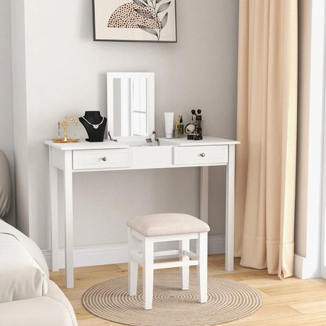 Vanity Desk Makeup Dressing Table with Flip Top Mirror and Drawers-White