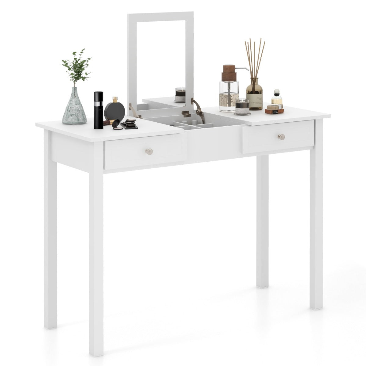 Vanity Desk Makeup Dressing Table with Flip Top Mirror and Drawers-White
