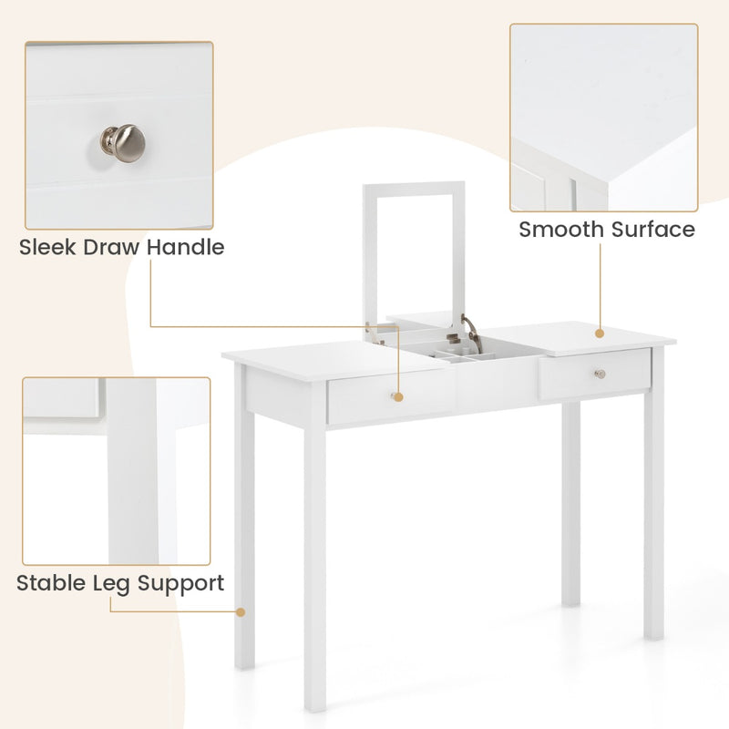 Vanity Desk Makeup Dressing Table with Flip Top Mirror and Drawers-White
