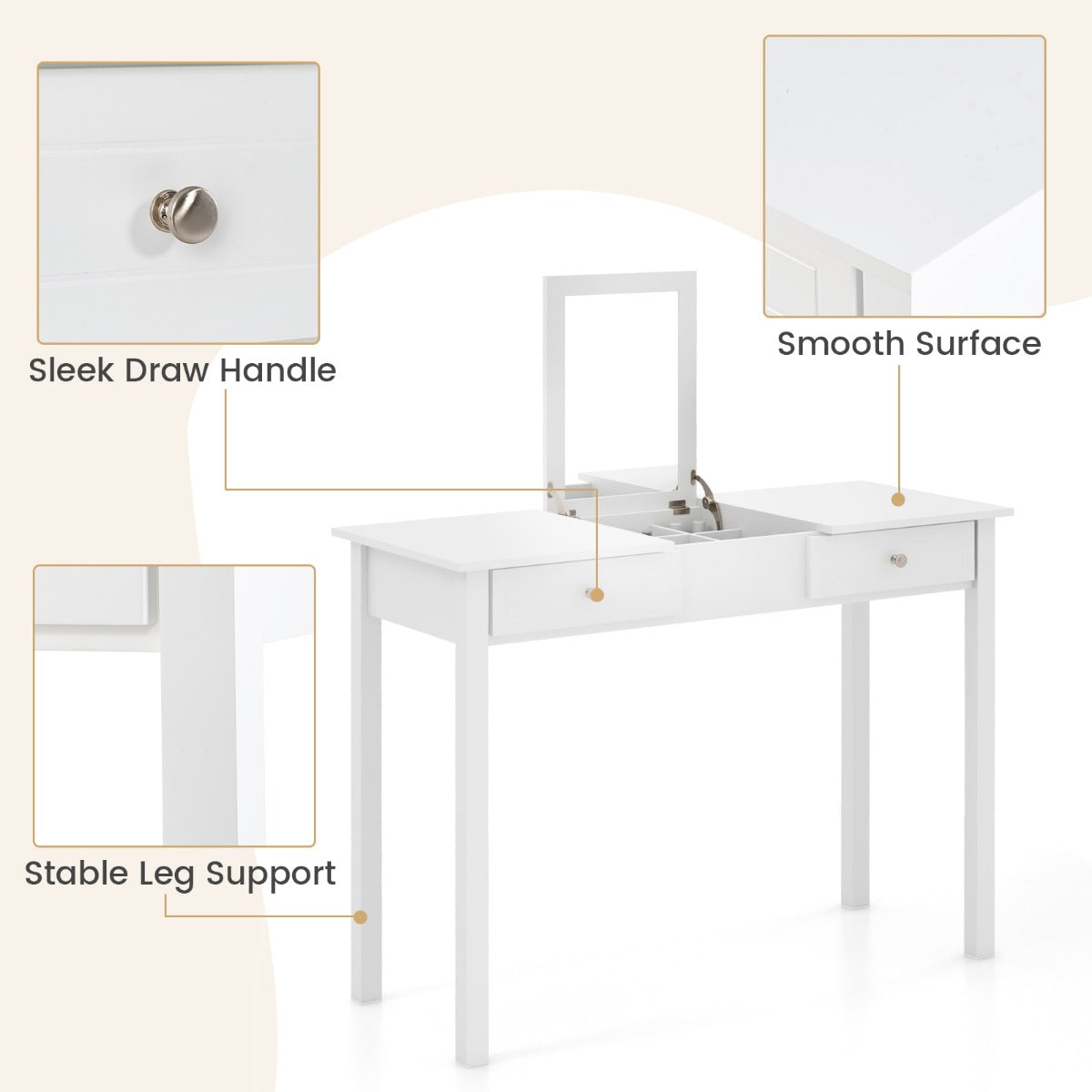 Vanity Desk Makeup Dressing Table with Flip Top Mirror and Drawers-White