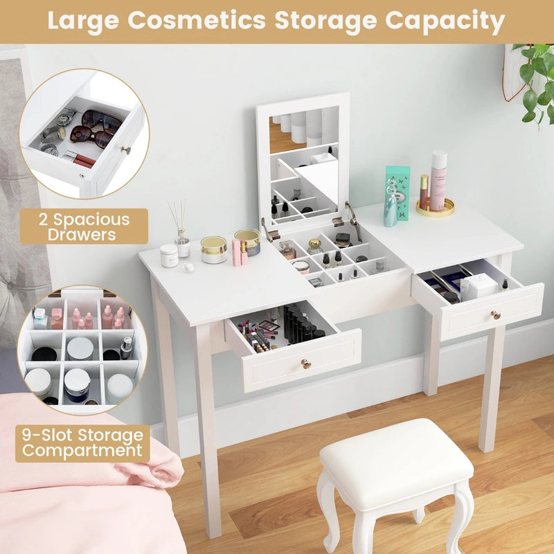 Vanity Desk Makeup Dressing Table with Flip Top Mirror and Drawers-White