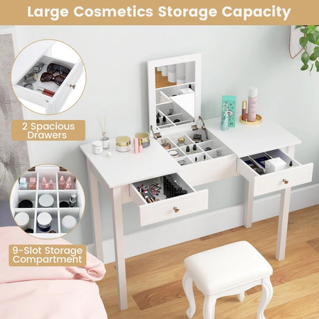Vanity Desk Makeup Dressing Table with Flip Top Mirror and Drawers-White