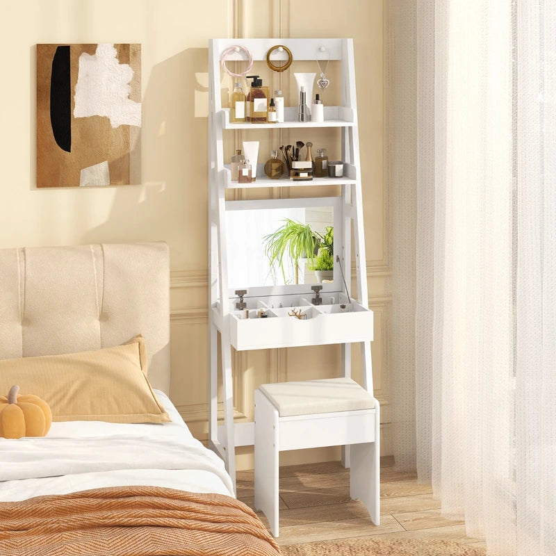 Dressing Table with Mirror Stool 2 Shelves Makeup Table Multifunctional Mdf Table 60x40x180cm White