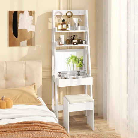 Dressing Table with Mirror Stool 2 Shelves Makeup Table Multifunctional Mdf Table 60x40x180cm White