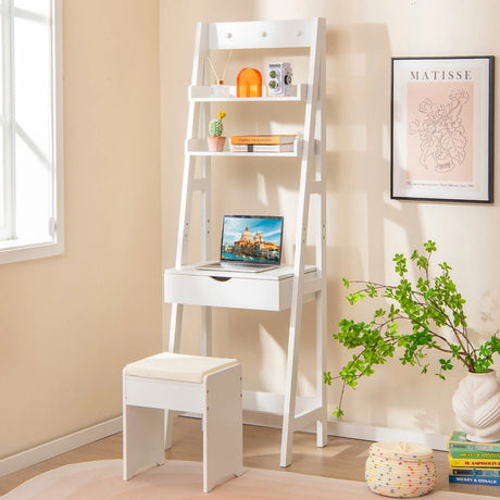Dressing Table with Mirror Stool 2 Shelves Makeup Table Multifunctional Mdf Table 60x40x180cm White