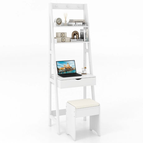 Dressing Table with Mirror Stool 2 Shelves Makeup Table Multifunctional Mdf Table 60x40x180cm White