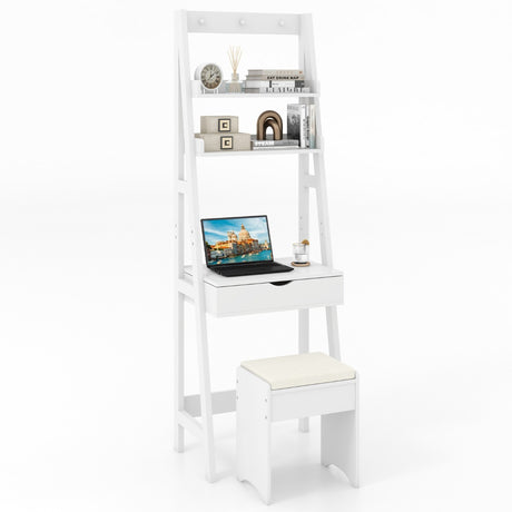 Dressing Table with Mirror Stool 2 Shelves Makeup Table Multifunctional Mdf Table 60x40x180cm White