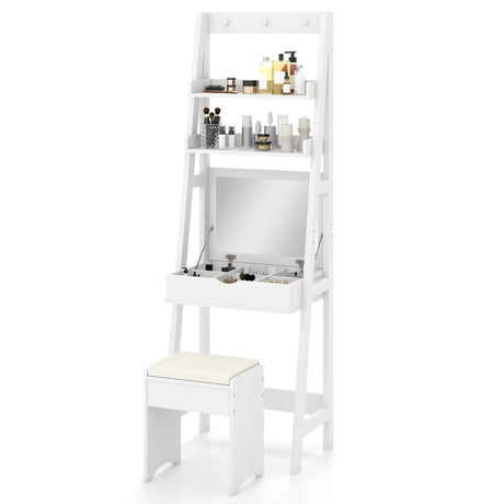 Dressing Table with Mirror Stool 2 Shelves Makeup Table Multifunctional Mdf Table 60x40x180cm White