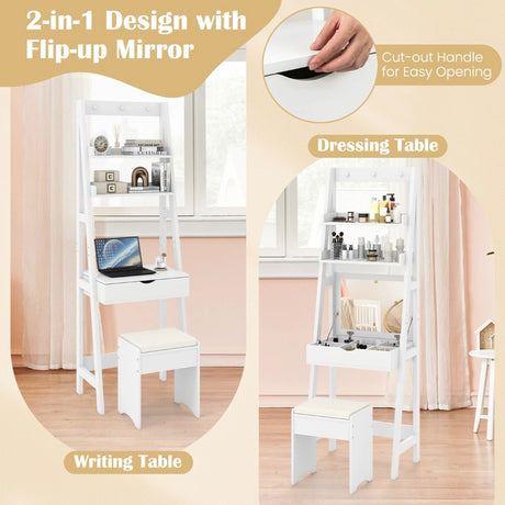 Dressing Table with Mirror Stool 2 Shelves Makeup Table Multifunctional Mdf Table 60x40x180cm White