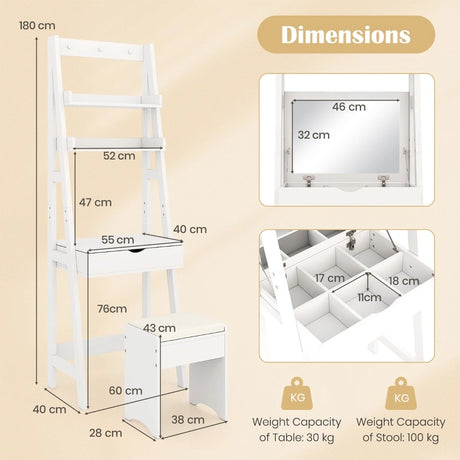 Dressing Table with Mirror Stool 2 Shelves Makeup Table Multifunctional Mdf Table 60x40x180cm White