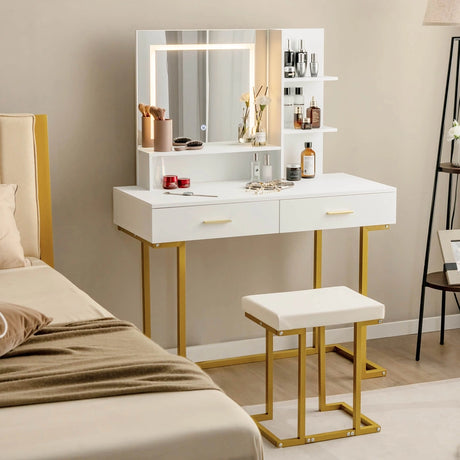 Vanity Set with Large Mirror Makeup Table with Stool and LED Lights-White