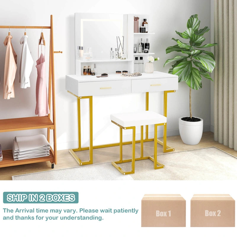 Vanity Set with Large Mirror Makeup Table with Stool and LED Lights-White