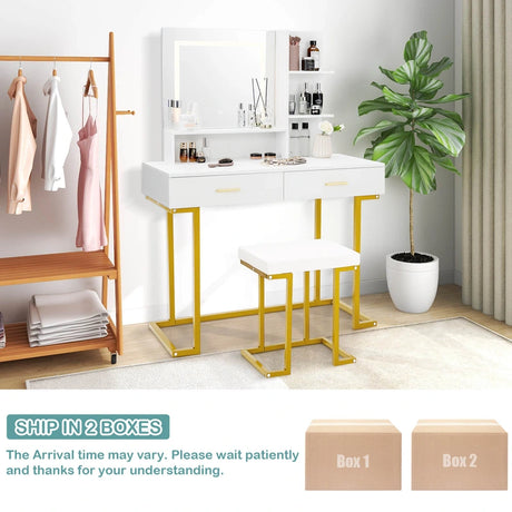 Vanity Set with Large Mirror Makeup Table with Stool and LED Lights-White