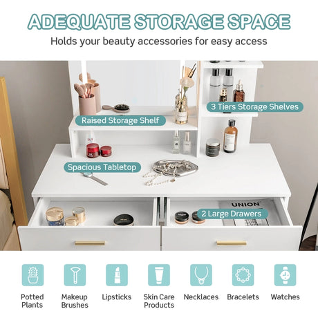 Vanity Set with Large Mirror Makeup Table with Stool and LED Lights-White