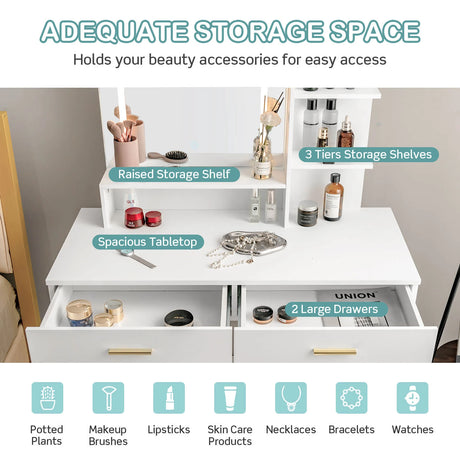 Vanity Set with Large Mirror Makeup Table with Stool and LED Lights-White