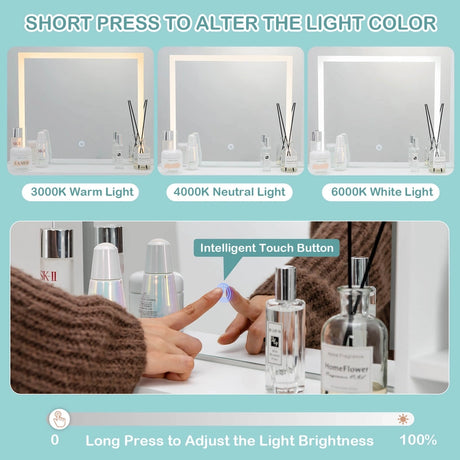 Vanity Set with Large Mirror Makeup Table with Stool and LED Lights-White