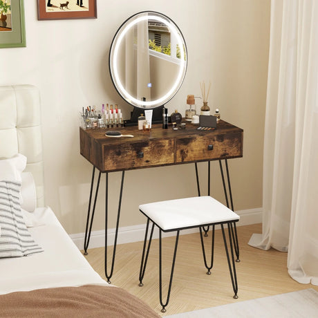 Vanity Set with LED Lighted Mirror and Soft Cushioned Stool  for Bedroom-Rustic Brown