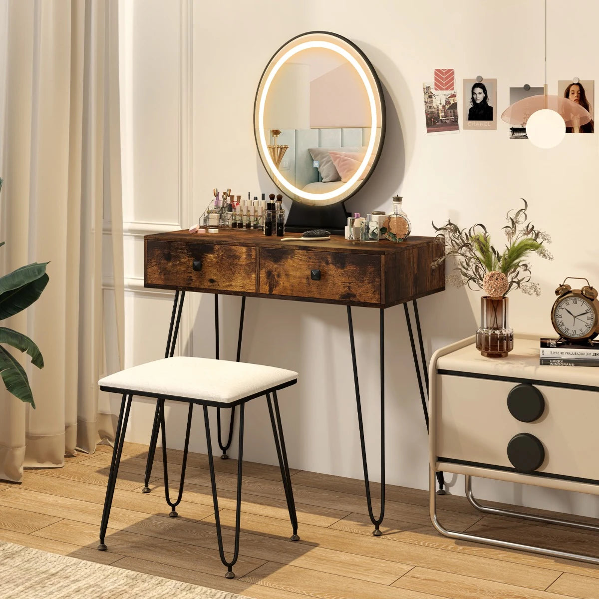 Vanity Set with LED Lighted Mirror and Soft Cushioned Stool  for Bedroom-Rustic Brown