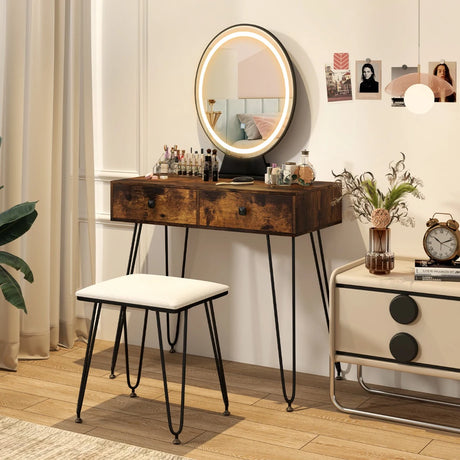 Vanity Set with LED Lighted Mirror and Soft Cushioned Stool  for Bedroom-Rustic Brown