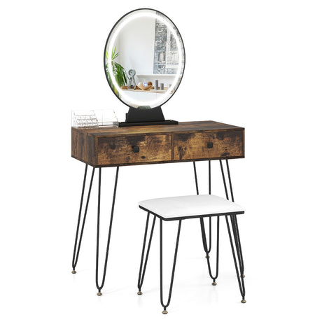 Vanity Set with LED Lighted Mirror and Soft Cushioned Stool  for Bedroom-Rustic Brown