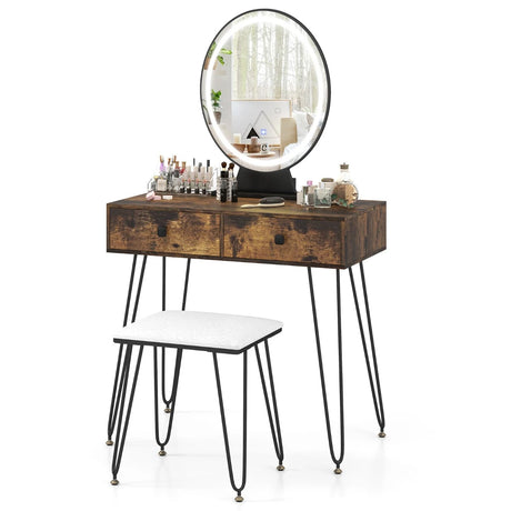 Vanity Set with LED Lighted Mirror and Soft Cushioned Stool  for Bedroom-Rustic Brown