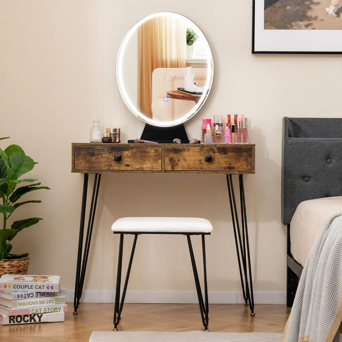 Vanity Set with LED Lighted Mirror and Soft Cushioned Stool  for Bedroom-Rustic Brown