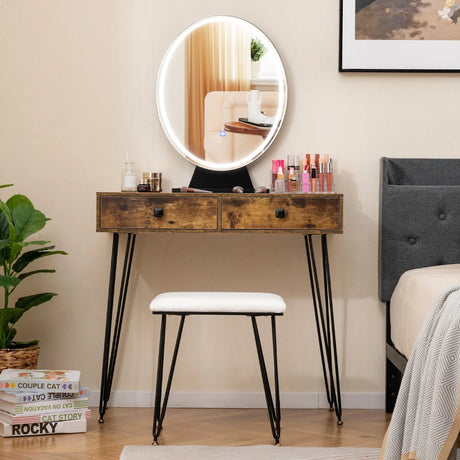 Vanity Set with LED Lighted Mirror and Soft Cushioned Stool  for Bedroom-Rustic Brown