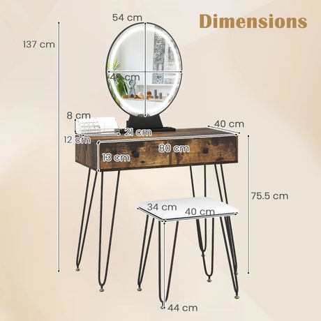Vanity Set with LED Lighted Mirror and Soft Cushioned Stool  for Bedroom-Rustic Brown