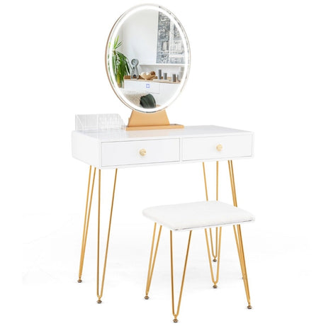 Vanity Set with LED Lighted Mirror and Soft Cushioned Stool  for Bedroom-White