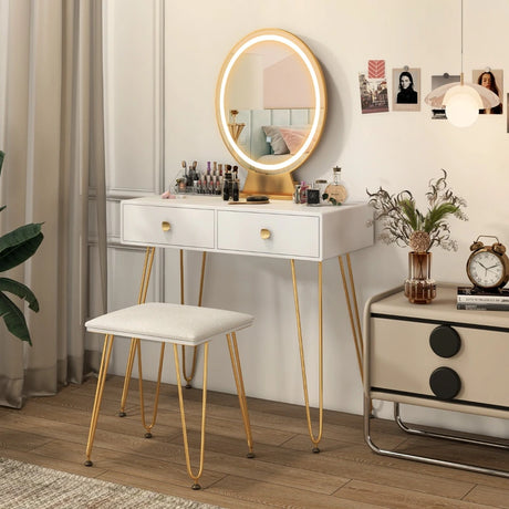 Vanity Set with LED Lighted Mirror and Soft Cushioned Stool  for Bedroom-White