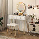 Vanity Set with LED Lighted Mirror and Soft Cushioned Stool  for Bedroom-White