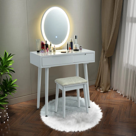 Vanity Table Set with Surrounded LED Tape Lights-White