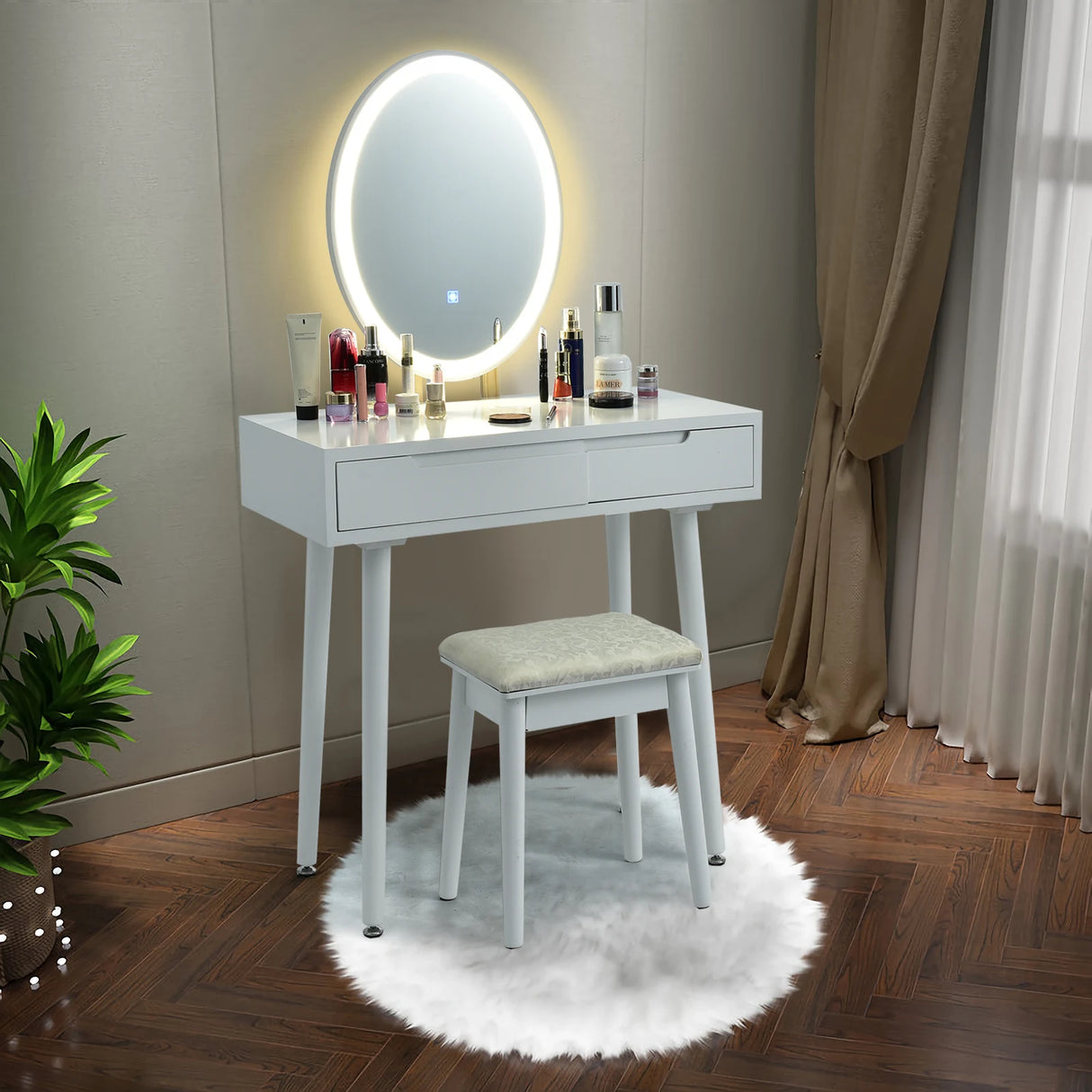 Vanity Table Set with Surrounded LED Tape Lights-White