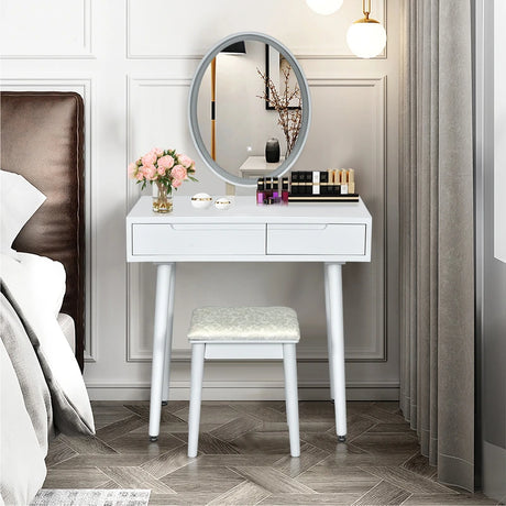 Vanity Table Set with Surrounded LED Tape Lights-White