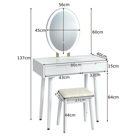 Vanity Table Set with Surrounded LED Tape Lights-White