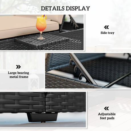 Outsunny Rattan Sun Lounger with 5-Level Reclining Back Side Tray and Cushion, Black
