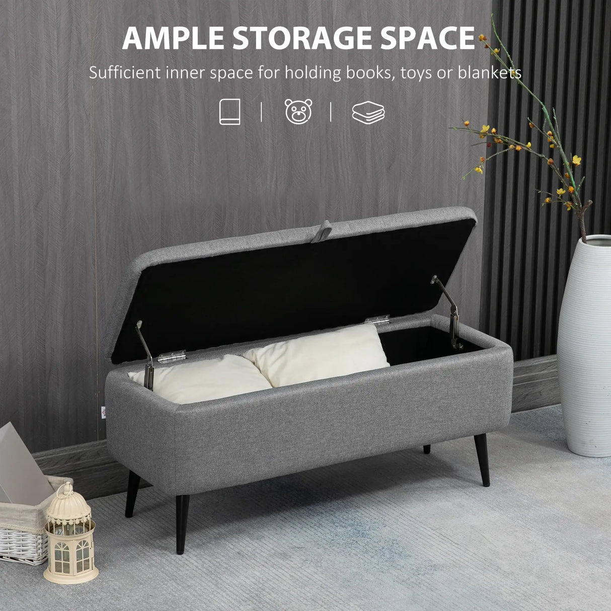 HOMCOM Storage Ottoman with Flip Top, Rectangular Upholstered Bench, Linen Look Fabric Footstool with Steel Legs for Living Room, Bedroom, Grey