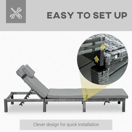 Outsunny Rattan Sun Lounger, 5-Level Adjustable Garden Lounger Recliner with Cushion and Headrest, Outdoor Reclining Sunbed, Steel Frame Garden Chair for Patio, Beach, Terrace, Dark Grey