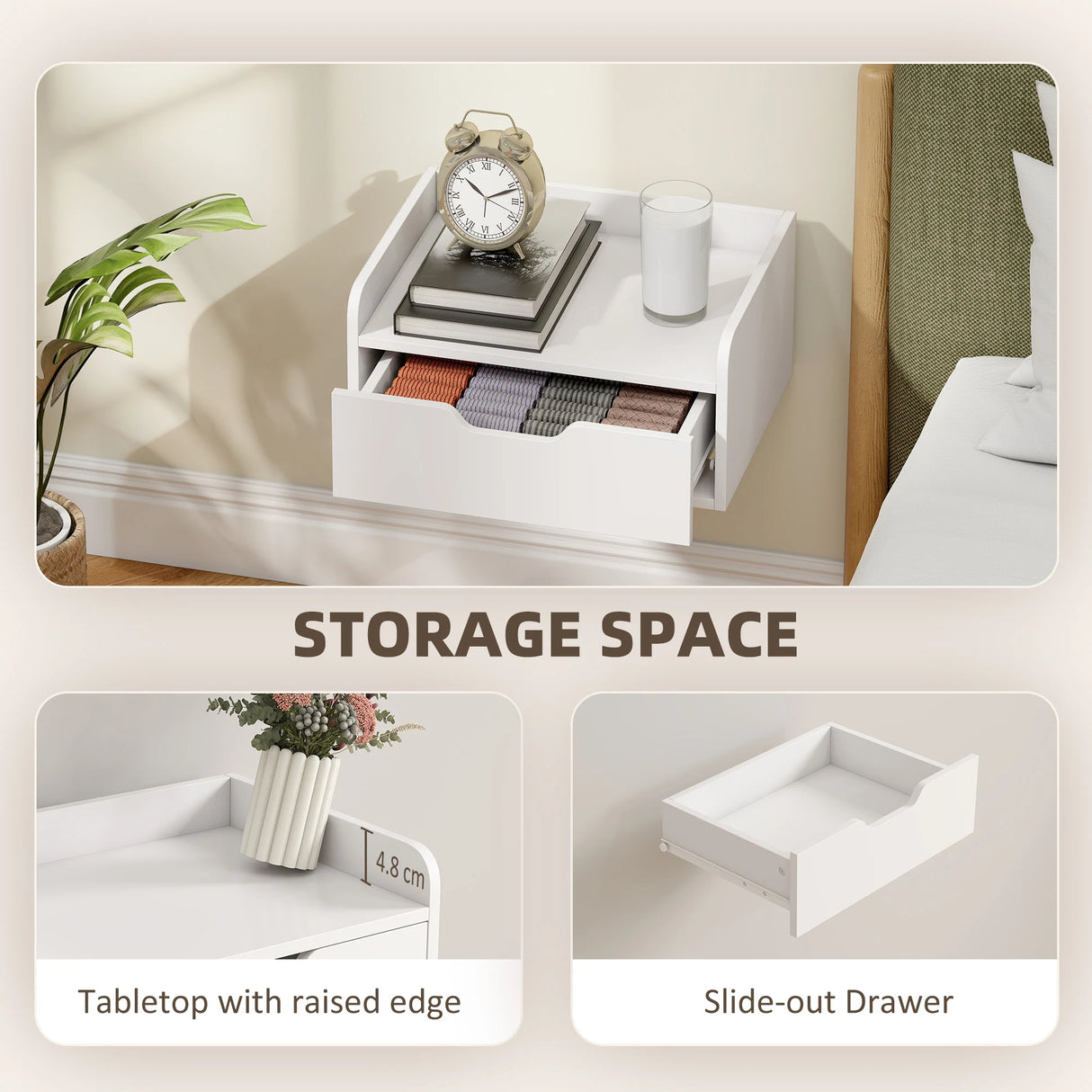HOMCOM Floating Nightstands Set of 2, Wall Mounted Bedside Table with Drawer for Bedroom, White