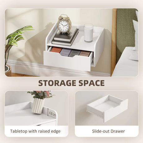 HOMCOM Floating Nightstands Set of 2, Wall Mounted Bedside Table with Drawer for Bedroom, White